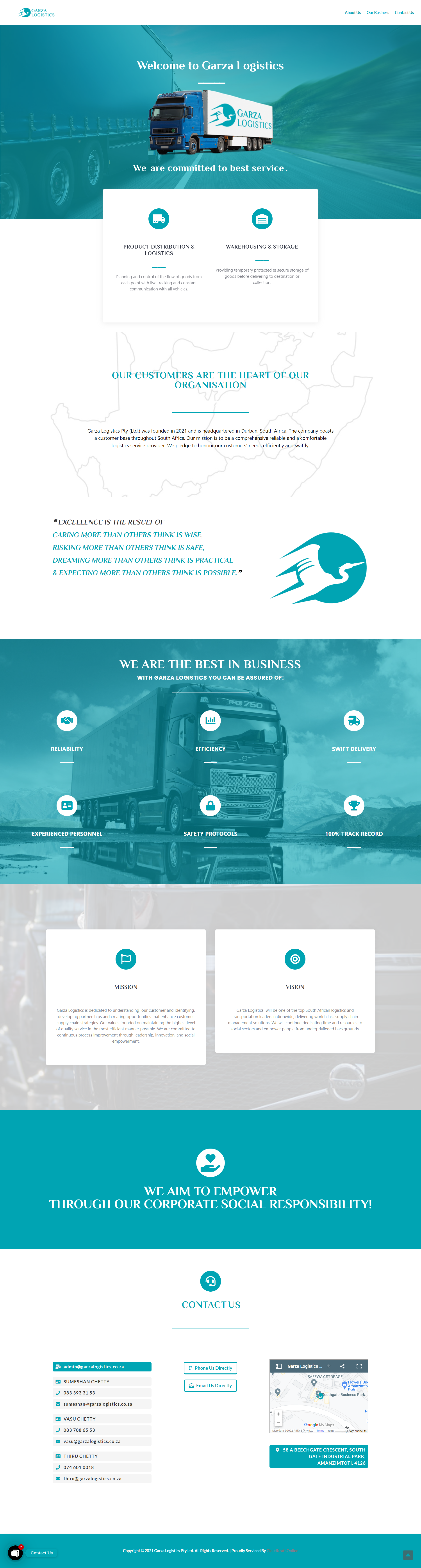The final Garza Logistics website design layout showcasing the website sections