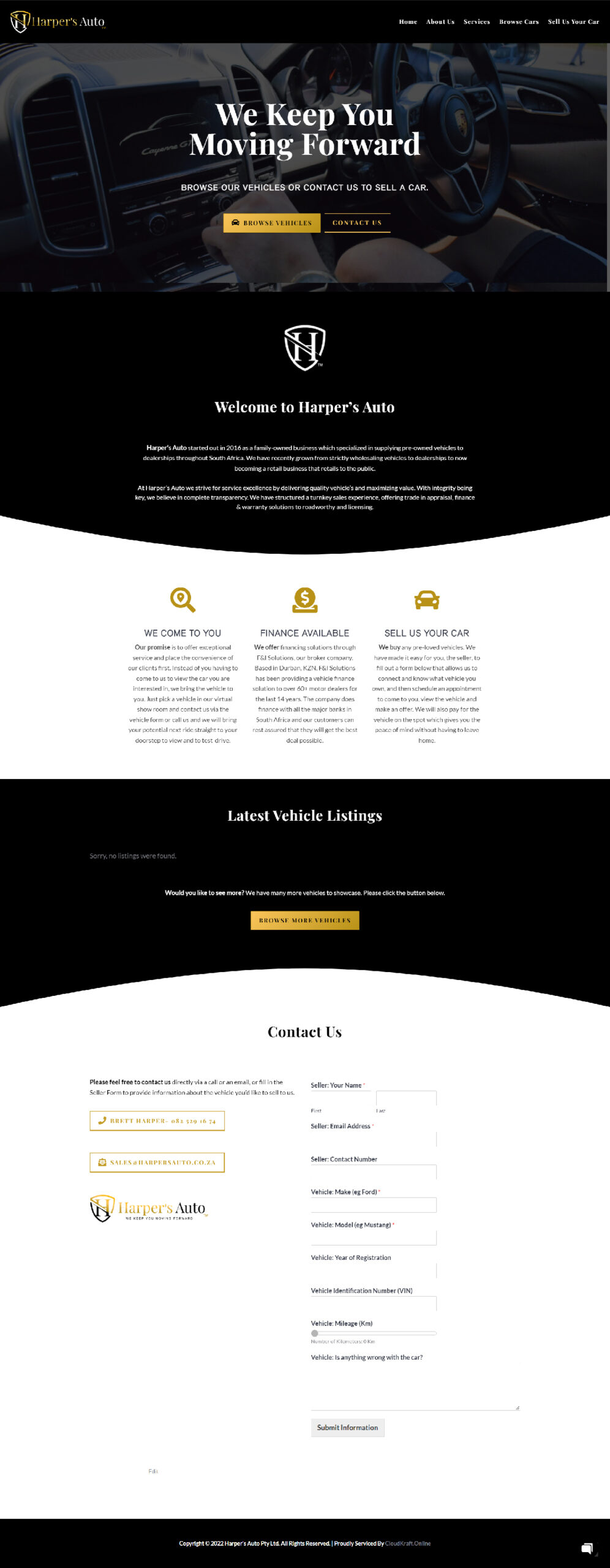 The final Harper's Auto website layout showcasing its sections