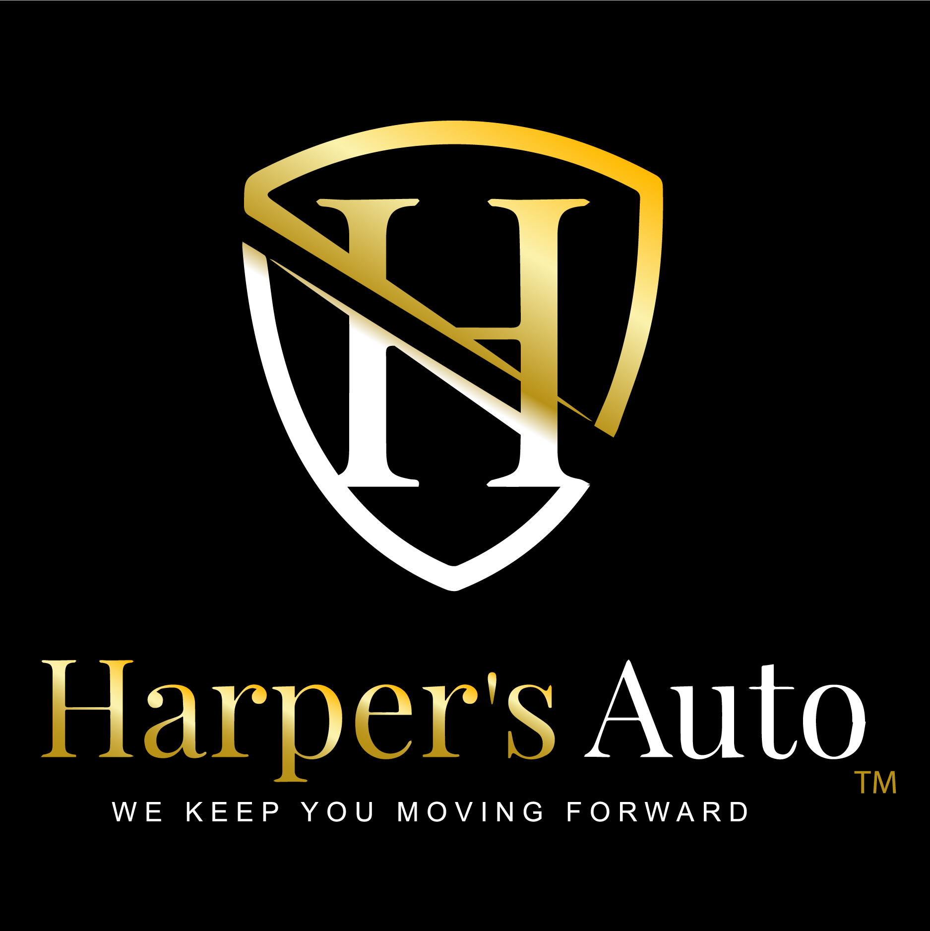 The final Harper's Auto logo in gold and white on black background