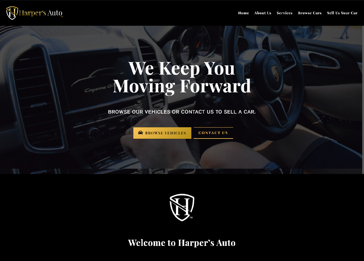 A top section of Harpers Auto website with slogan 'We Keep You Moving Forward' and hero image a car interior showing car dashboard and a man driving it